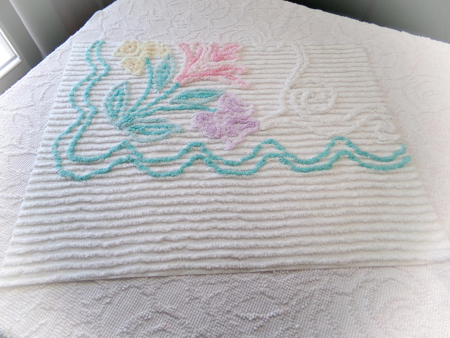 Pastel Floral Vintage Chenille Bedspread Fabric, Cottage Chic Design 18" x 24" piece sewing material