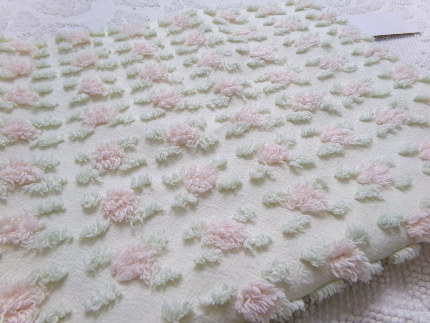 Creamy Vanilla Pink Rosebud Vintage Chenille Bedspread Fabric, 18 x 24"