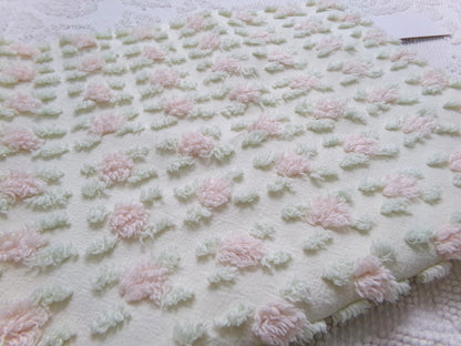 Creamy Vanilla Pink Rosebud Vintage Chenille Bedspread Fabric, 18 x 24"