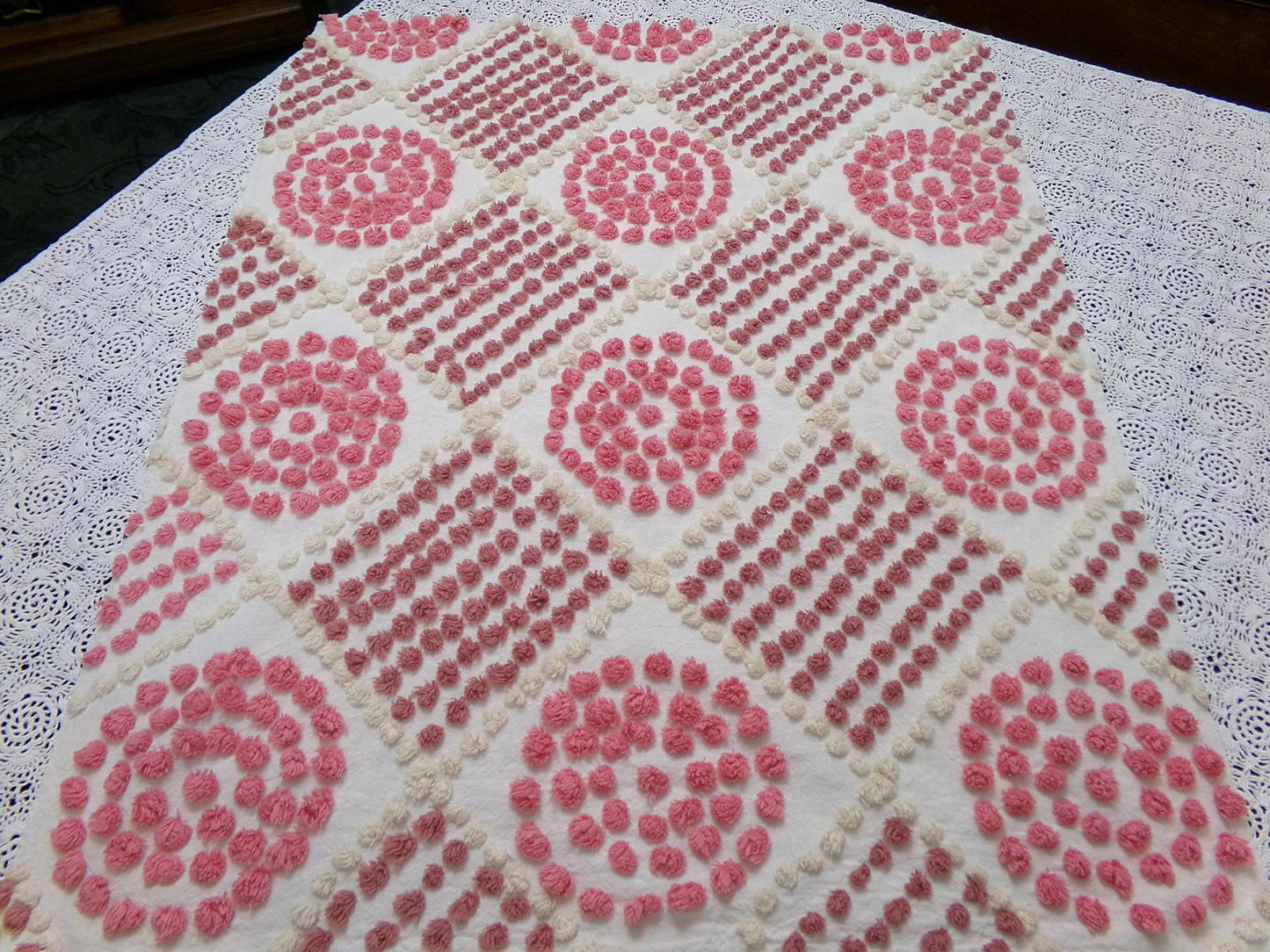 Rose Pink Diamond Pops Vintage Chenille Fabric 20 x 24" Shabby Sewing Quilt Material