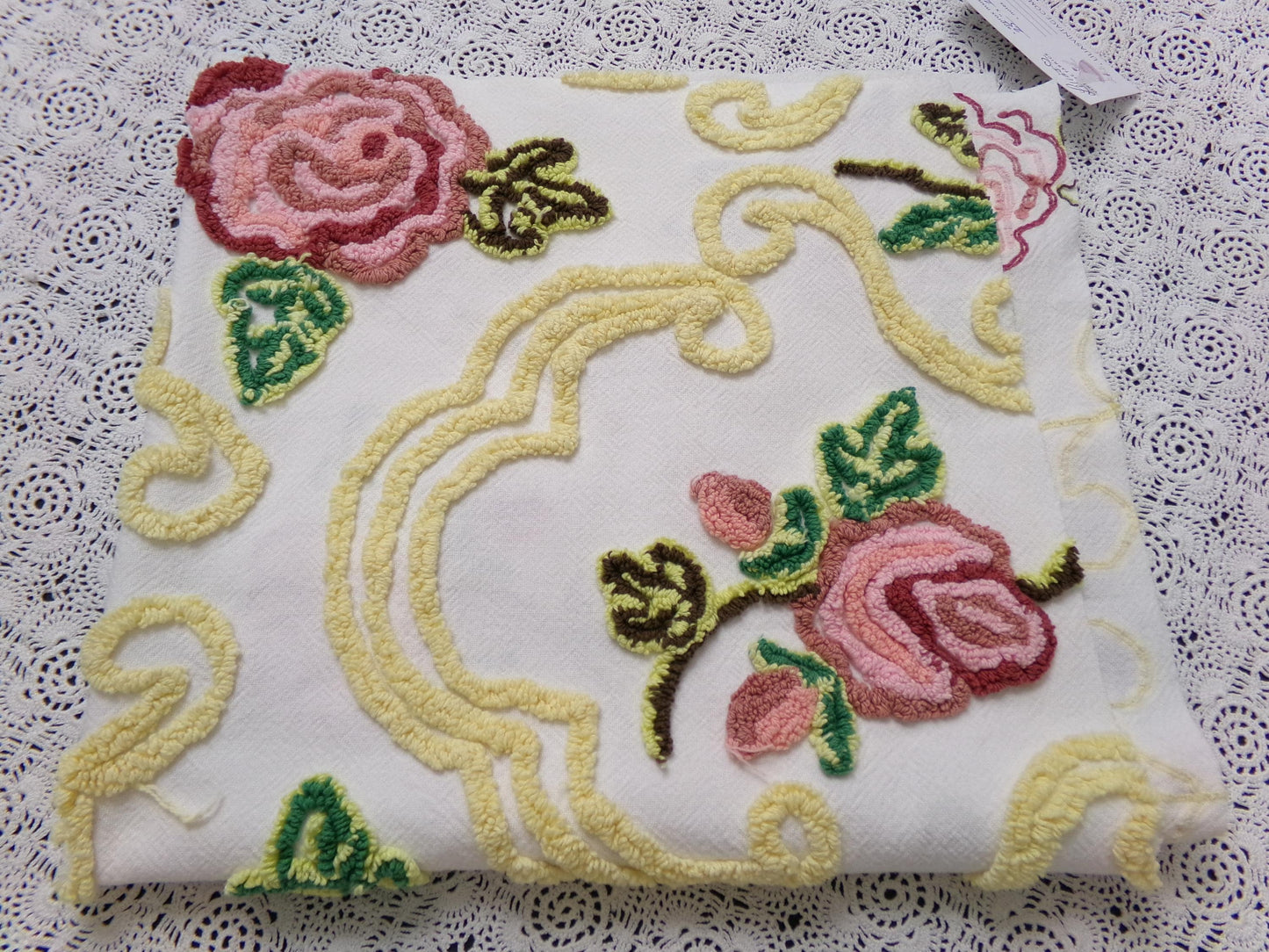 Cottage Pink Rose Vintage Chenille Fabric Shabby Scrollwork Sewing Quilt Material 27" x 24"
