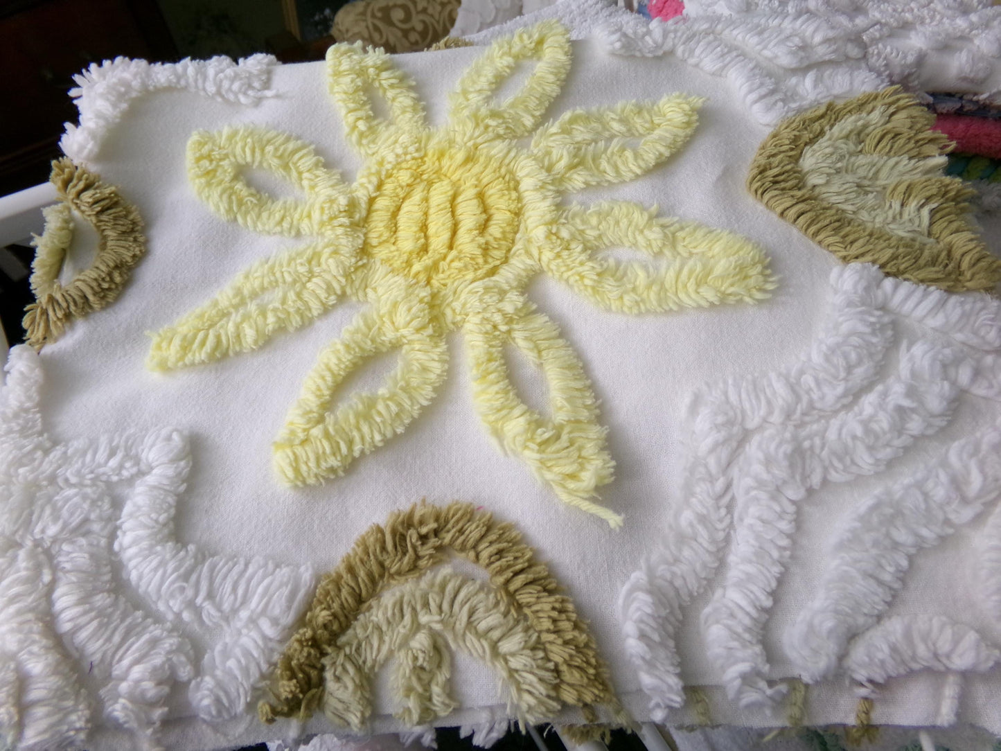 shabby sunflower vintage chenille fabric, 25" x 20" cut piece of quilt material for crafts, sewing