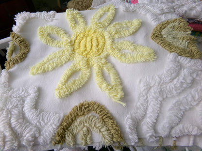 shabby sunflower vintage chenille fabric, 25" x 20" cut piece of quilt material for crafts, sewing