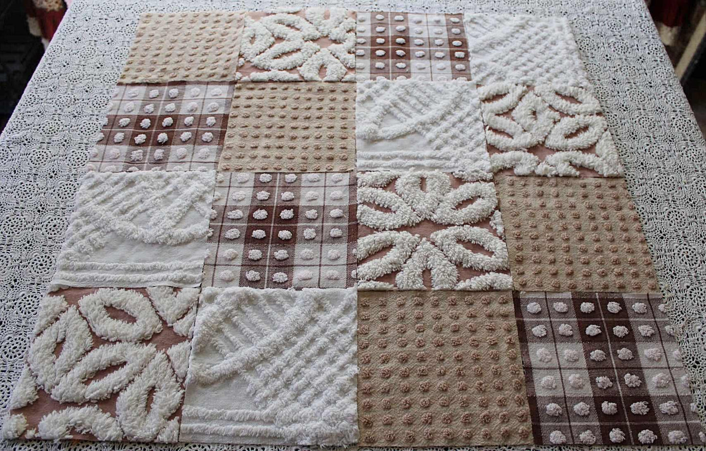 Bear Hugs Chenille Quilt Squares Set, from Vintage Bedspread Fabric, 16 Blocks, 6" x 6" inches each, Chocolate, Mocha & White