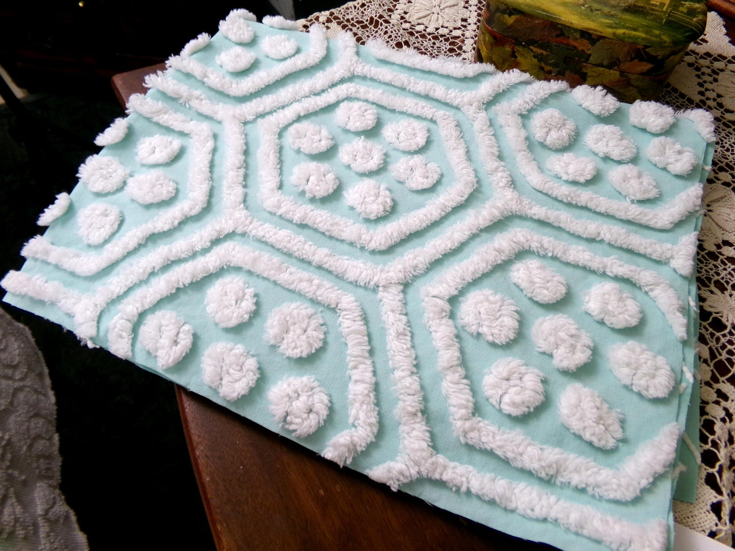 Vintage Chenille Fabric Coastal Fresh Aqua White Geometric Hexagon Dot 18x24"