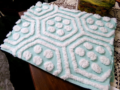 Vintage Chenille Fabric Coastal Fresh Aqua White Geometric Hexagon Dot 18x24"