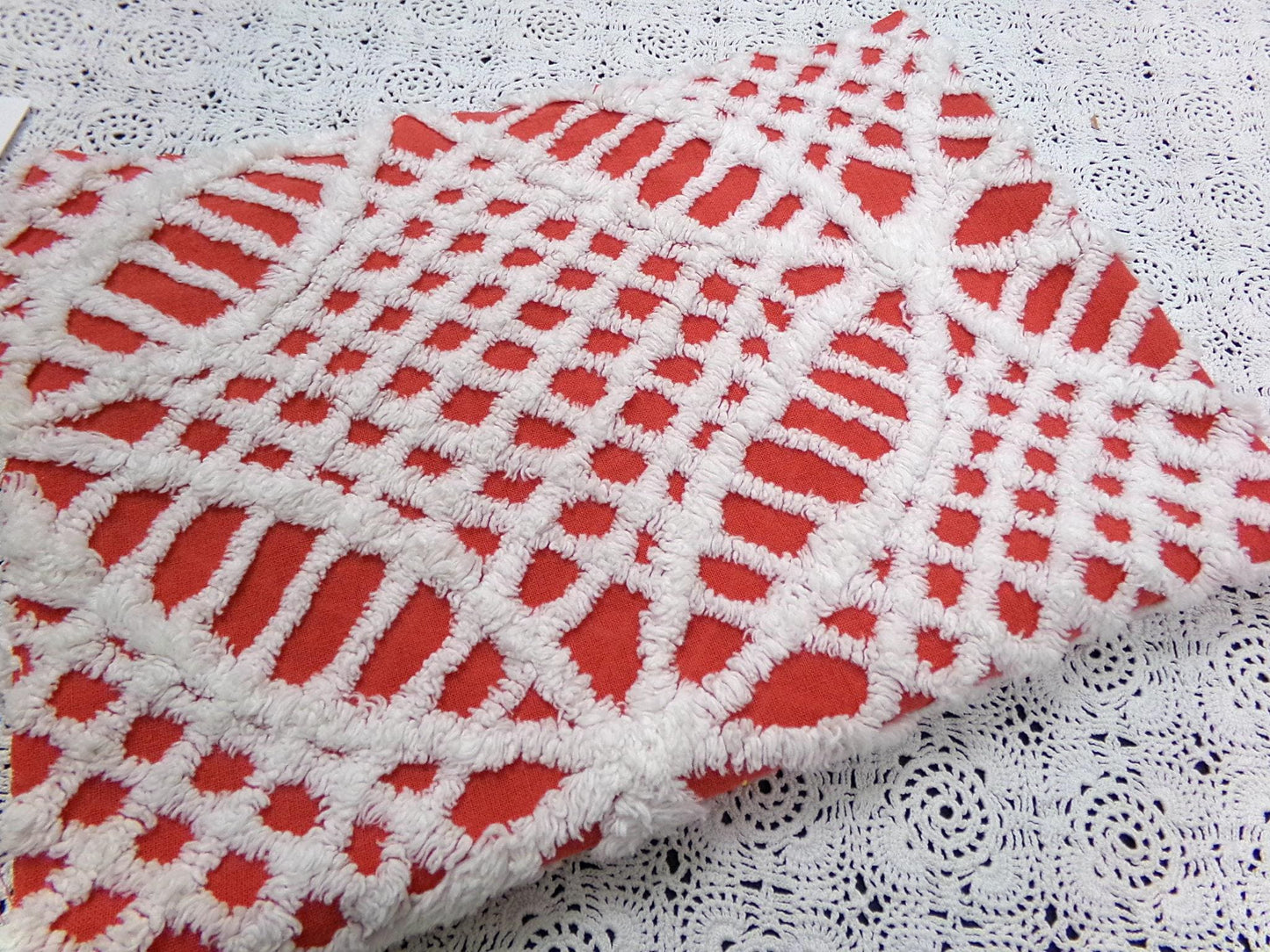 Vintage Red Chenille Fabric, White Geometric 17x24" Quilt Material