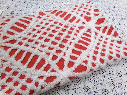 Red & White Vintage Chenille Fabric, Tufted Geometric 19x27" Sewing Material