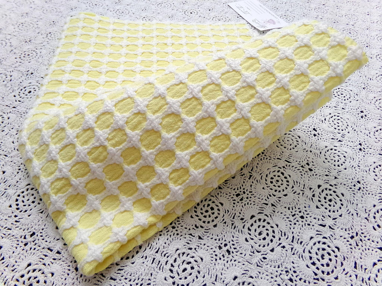 Lemon Yellow White Vintage Woven Chenille Fabric Lady Galt Honeycomb Crosses 18x24"