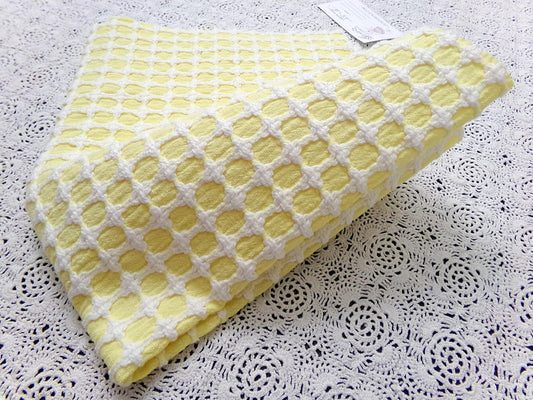 Lemon Yellow White Vintage Woven Chenille Fabric Lady Galt Honeycomb Crosses 18x24"
