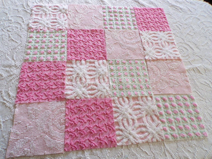Must Love Pink Chenille Quilt Squares Set from Vintage Bedspread Fabric, 16 Blocks, 6" inch