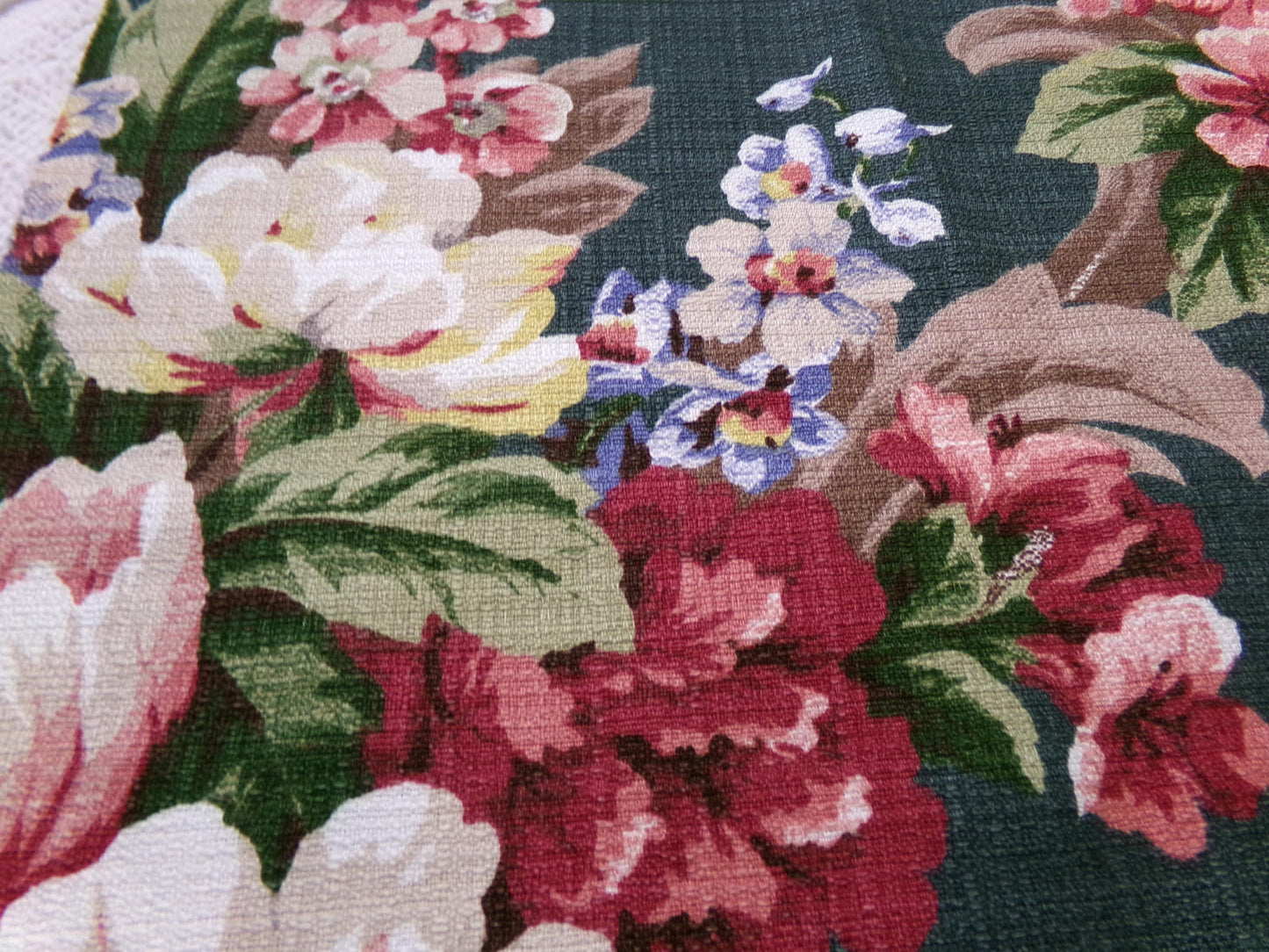 Vintage 1940s Style Repro Barkcloth Fabric Dark Green Cottage Garden Floral, 15.5" x 26"