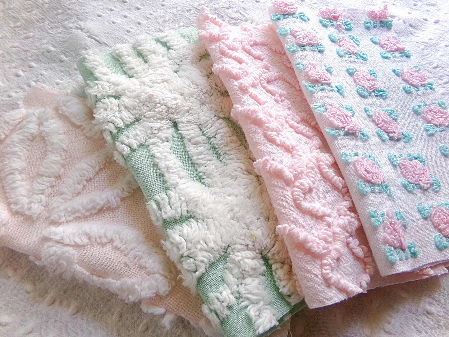 Chenille Squares Set, "Flower Petals," 16 Vintage Fabric Quilt Blocks, 6" inch in White Daisy, Pink Rosebud, Mint Green, Squiggles