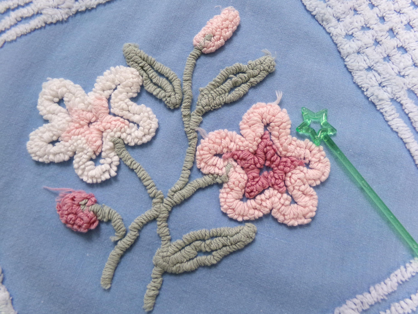 Coastal Floral Vintage Chenille Bedspread Fabric Blue & White 25 x 27" Piece