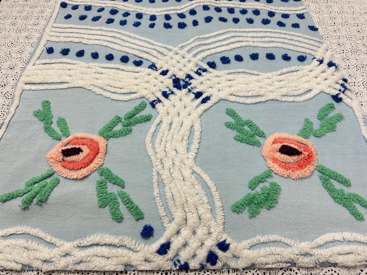 Coastal Blue Vintage Chenille Bedspread Fabric Floral 23x21" Piece