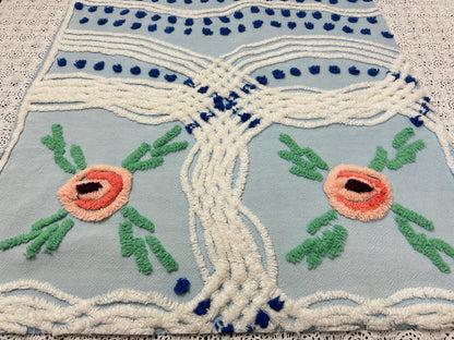 Coastal Blue Vintage Chenille Bedspread Fabric Floral 23x21" Piece