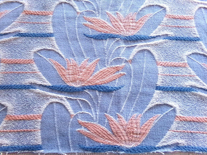 tranquil water lily vintage woven fabric piece, 21" x 32" inch reversible sewing material, calming blue & coral lilies