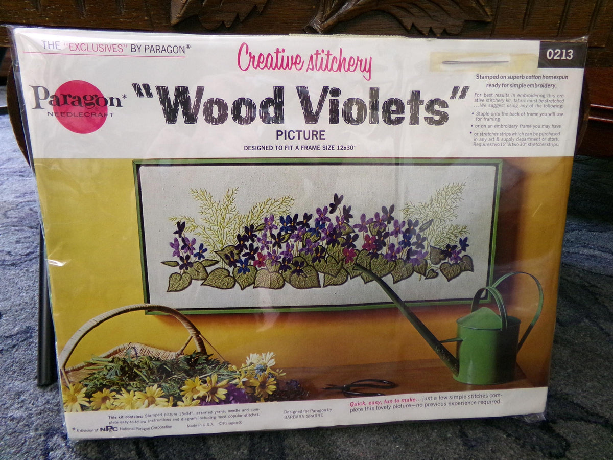 WOOD VIOLETS Vintage CREWEL Embroidery Kit Paragon 0213 Stitchery, Boho Woodland Floral