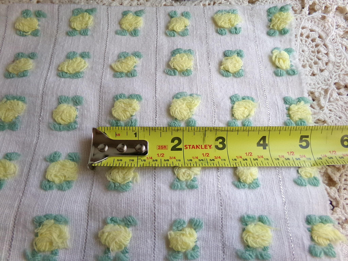 vibrant yellow rosebud vintage chenille fabric, Bates rose design silver lurex 18" x 21" piece
