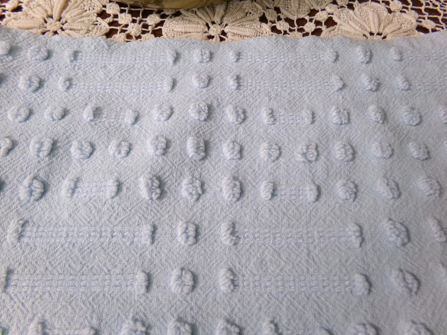 Light Blue Vintage Chenille Fabric, Polka Dot & Dash Design, 18x24" Piece