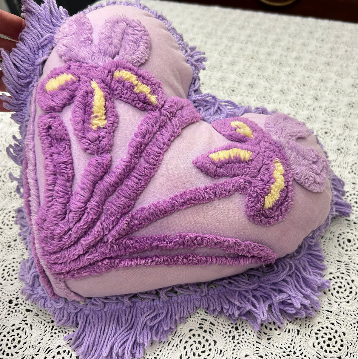 Vintage Heart Chenille Pillow, Shabby Iris Floral Reversible Fringed Design