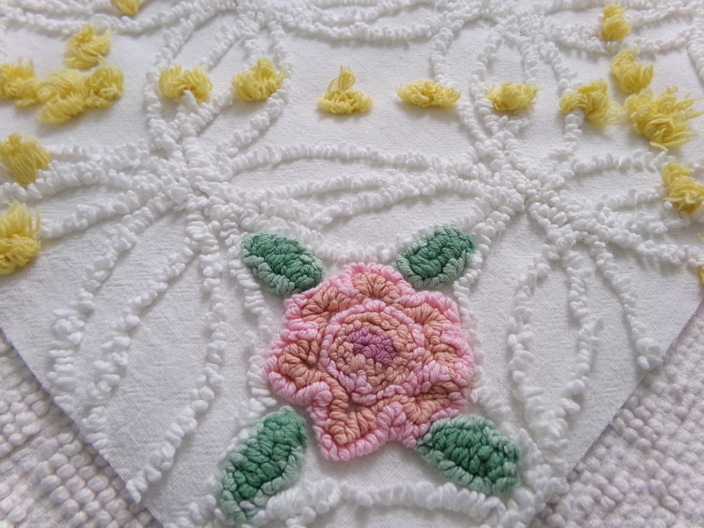 Pink Rose Vintage Chenille Bedspread Fabric, cottage chic sewing craft quilt material, 20" x 20" piece