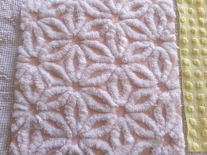 chenille fabric squares, set of 6 big 9.5" square quilt blocks from vintage chenille bedspreads, dainty daisy, pink rosebud, floral, dots