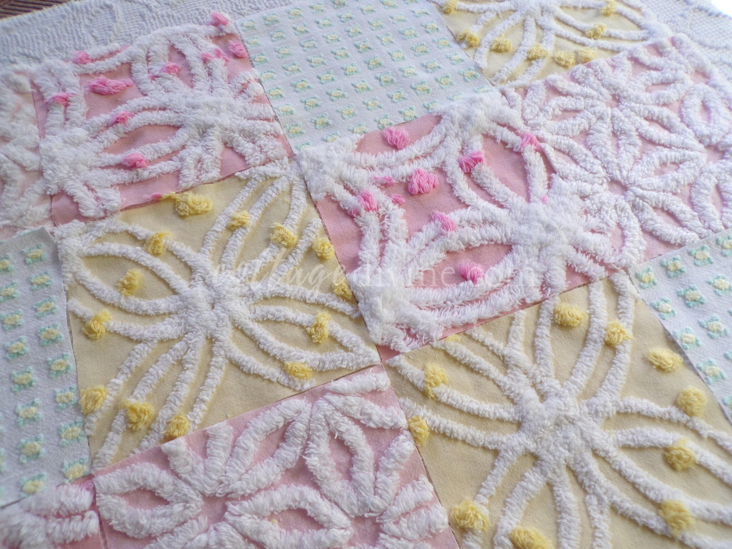 Vintage Chenille Fabric Squares: Springtime Pink & Yellow Set of 16 Quilt Blocks, 6" each