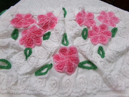 Pink White Floral Vintage Chenille Bedspread Fabric Sewing & Quilt Material 20" x 26"