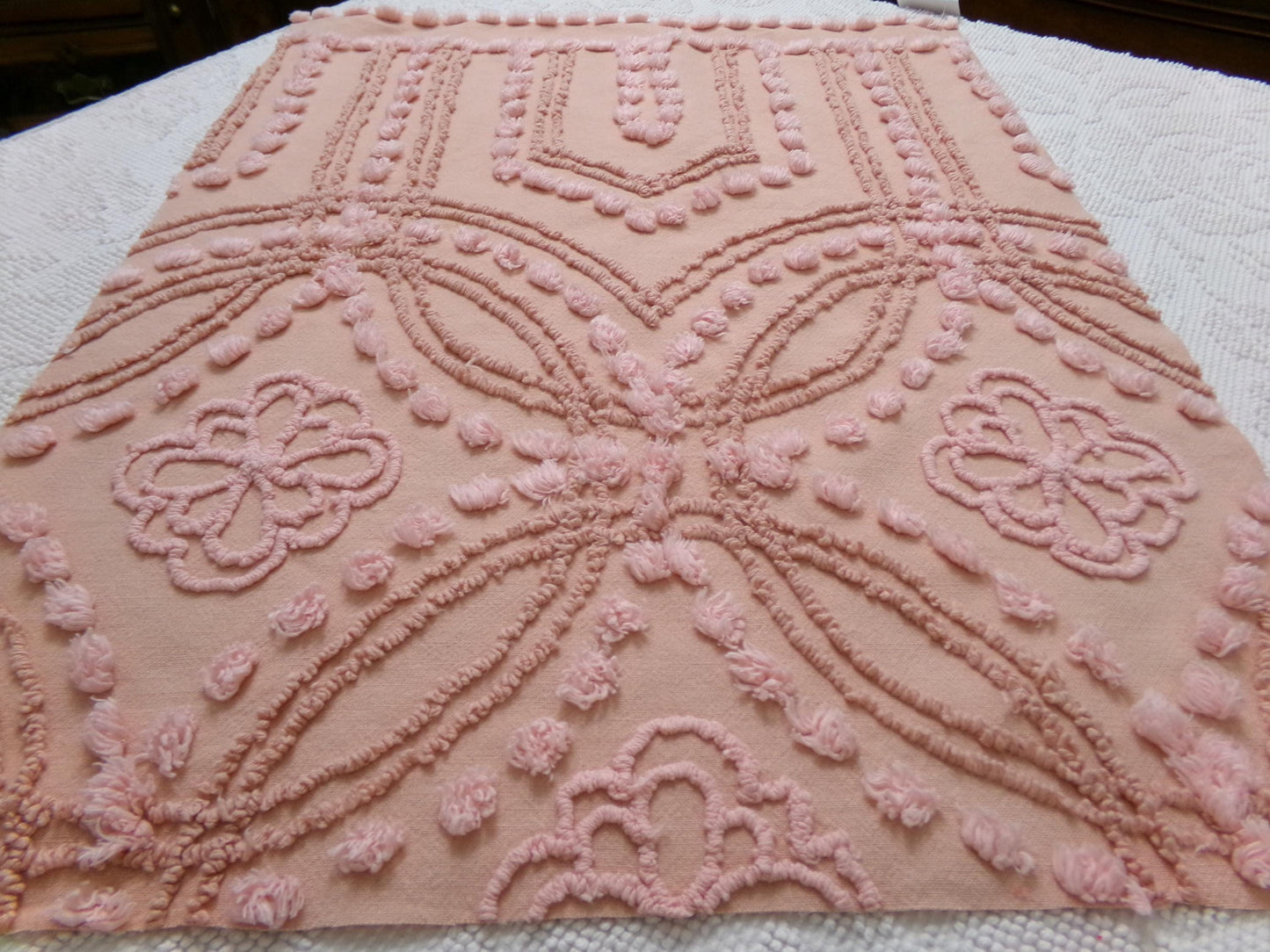 Boho Earthy Vintage Chenille Bedspread Fabric Piece, Cathedral Daisy Dot Design, 19" x 24"