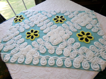 beach chic vintage chenille fabric, bubble white, seaglass blue, 21" x 30" piece of cotton sewing material for crafts, quilts, pillows