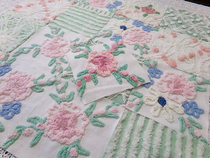 Floral Vintage Chenille Quilt Squares, Flower Medley 6" Fabric Blocks, Set of 17 for Quilting & Crafts