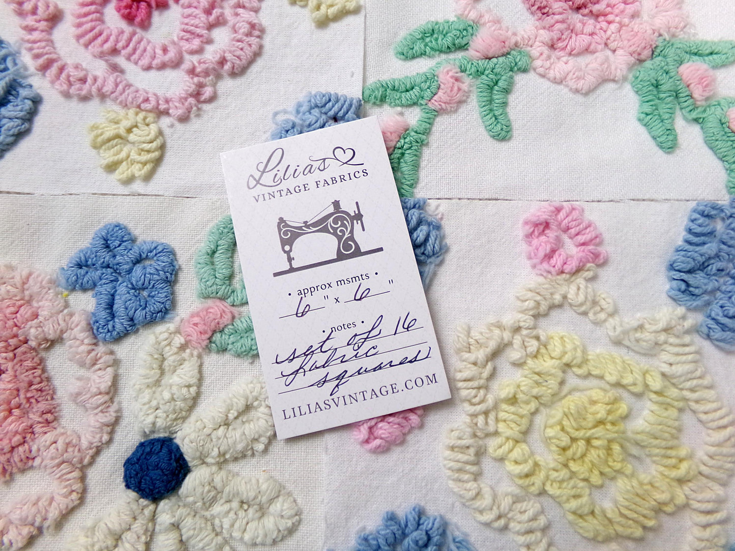 Vintage Chenille Fabric Squares Set of 16 Summer Wildflowers Floral Coordinating Quilt Blocks 6x6"