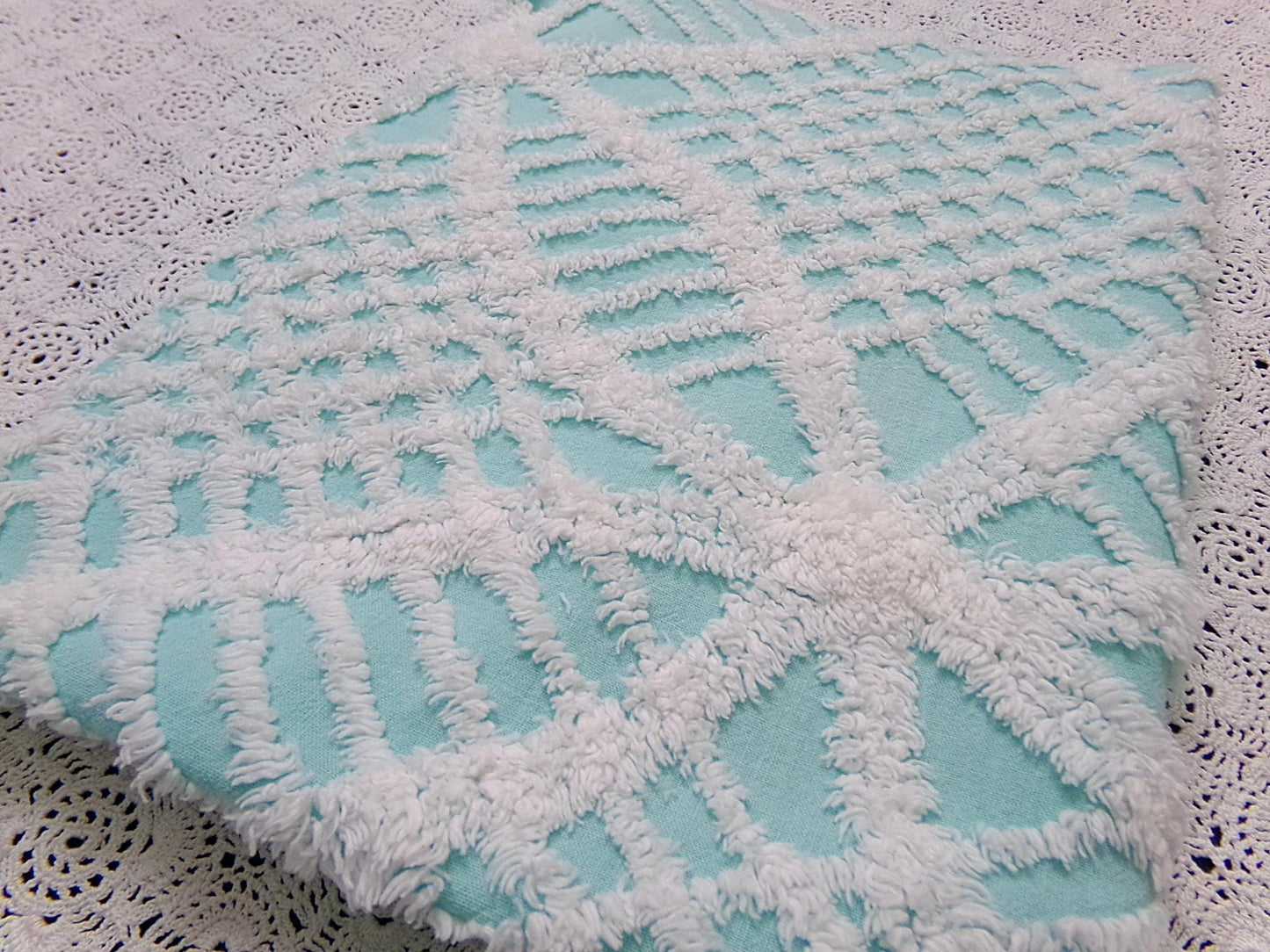 Aqua White Vintage Chenille Fabric 20x24" Geometric Quilt Material