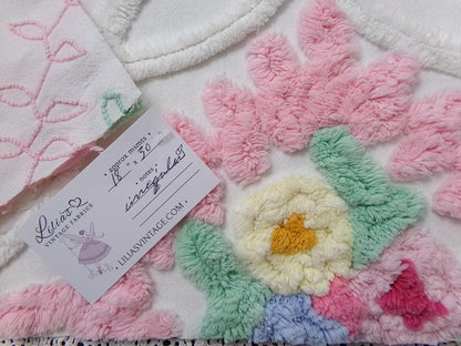 Vintage Chenille Fabric Piece, Pink Frosting Floral Cottage Chic Sewing Material 18x30"