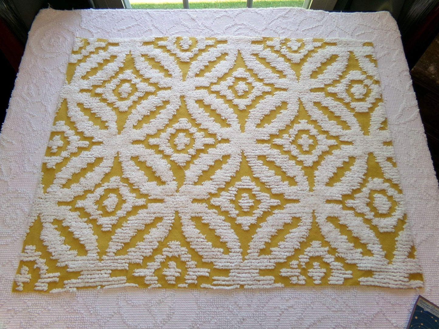 honey harvest gold vintage chenille fabric, retro 18" x 25" cut piece, white geometric tufts, lightweight cotton sewing fabric