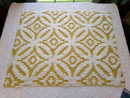 honey harvest gold vintage chenille fabric, retro 18" x 25" cut piece, white geometric tufts, lightweight cotton sewing fabric