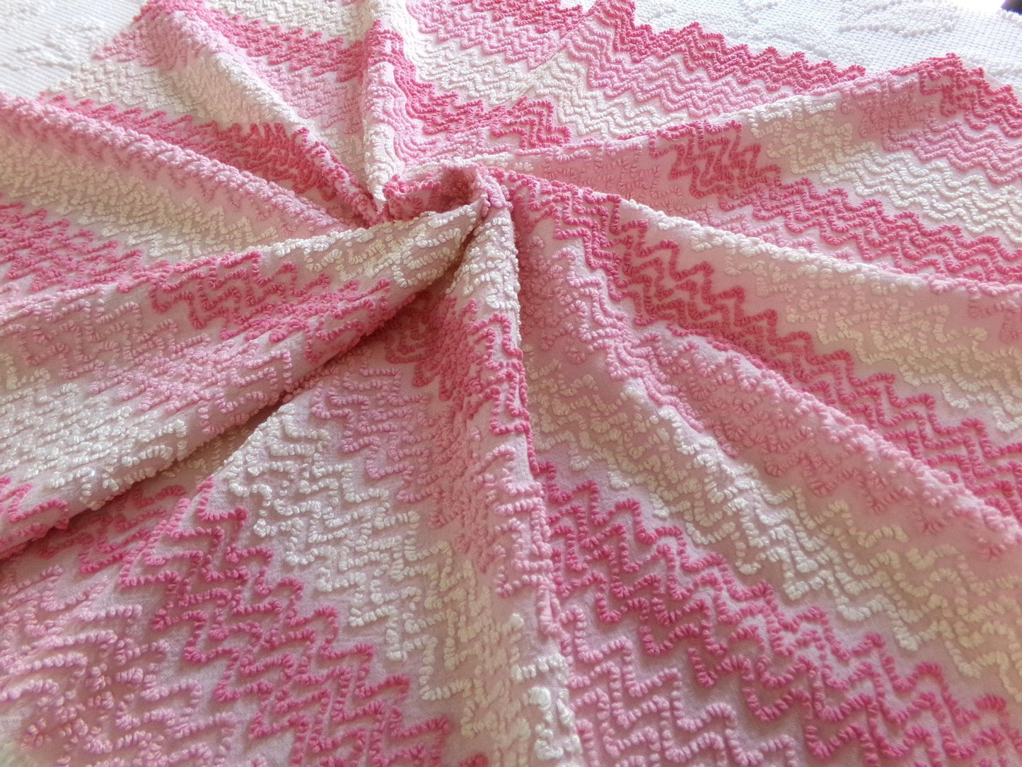 Pink Vintage Chenille Bedspread Fabric, Zig Zag Texture, 15" x 23" piece