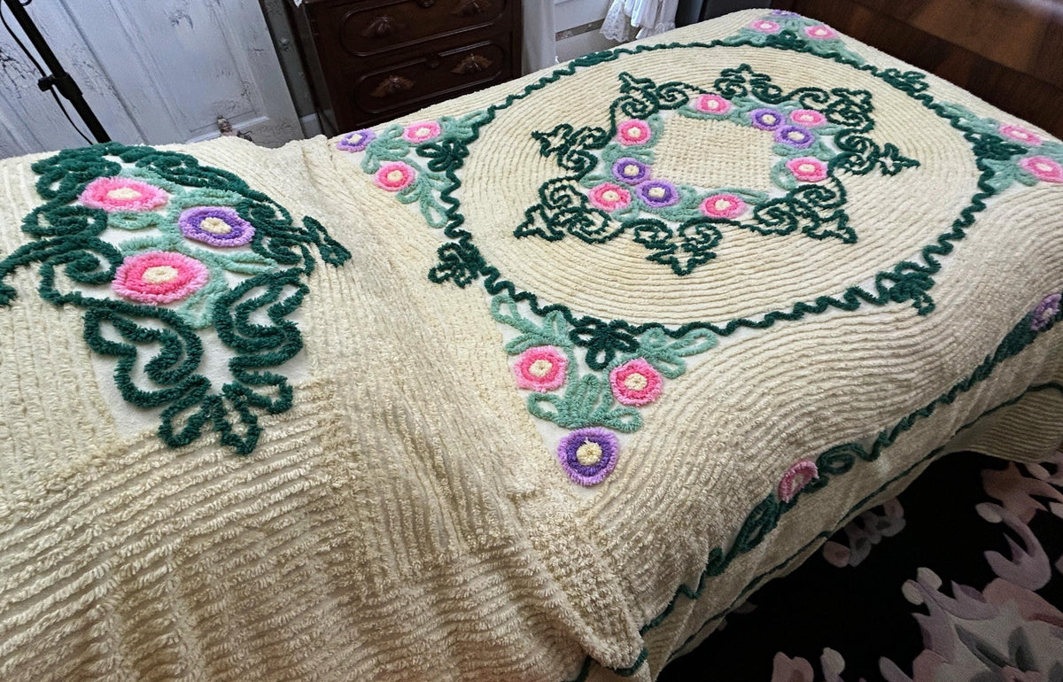 Vintage Yellow Chenille Bedspread, Lollipop Roses & Green Medallion Scrolls, Full Size