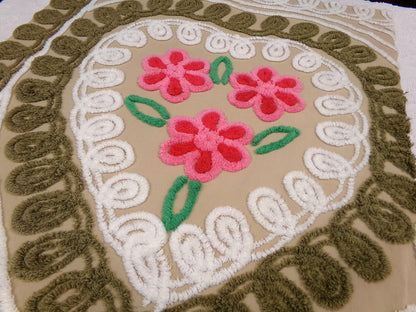 Vintage Chenille Bedspread Fabric Piece, Mocha Chocolate Cherry Floral, 24" x 23"
