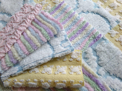 fairyland chenille fabric squares, 16 vintage 6" quilt blocks in pastel rainbow, pink & yellow rosebud, for sewing, crafts, fiber arts