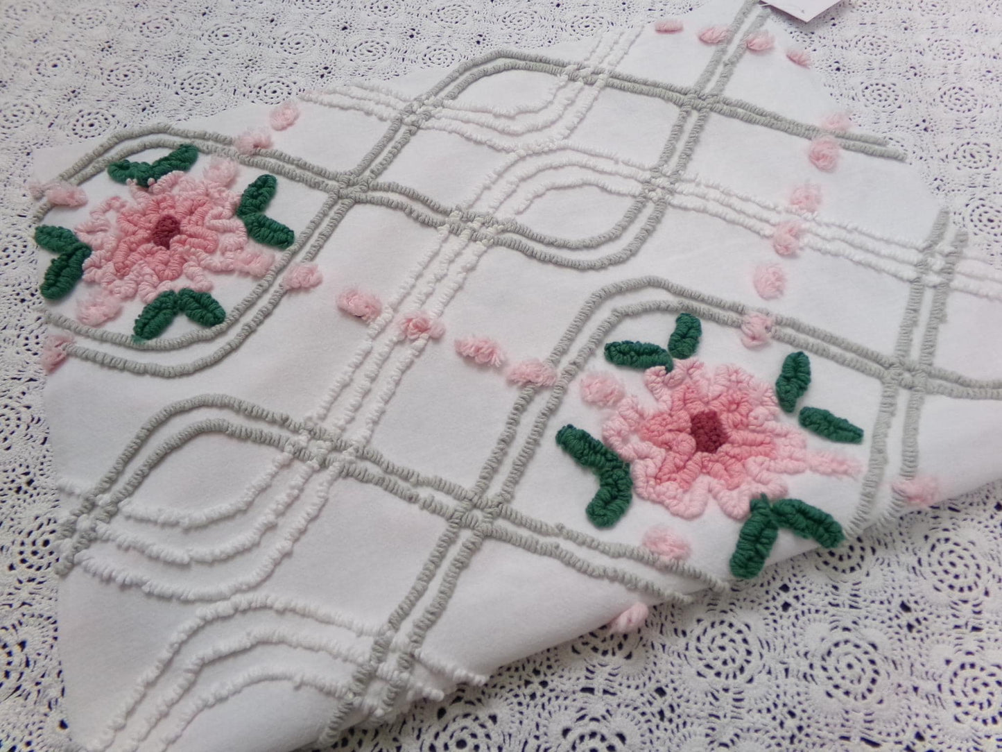 Romantic Rose Vintage Chenille Bedspread Fabric Dove Grey, Pink White Quilt Material 16" x 24"