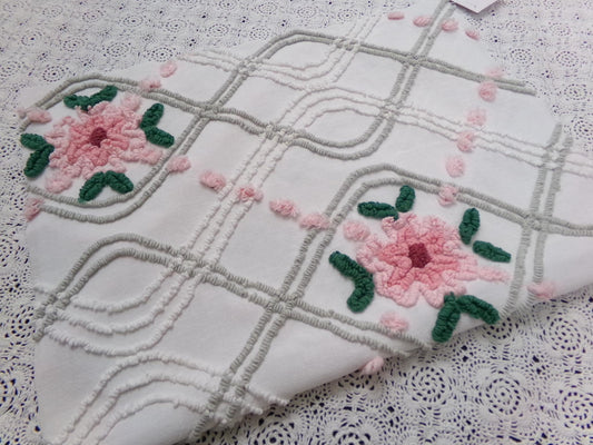 Romantic Rose Vintage Chenille Bedspread Fabric Dove Grey, Pink White Quilt Material 16" x 24"