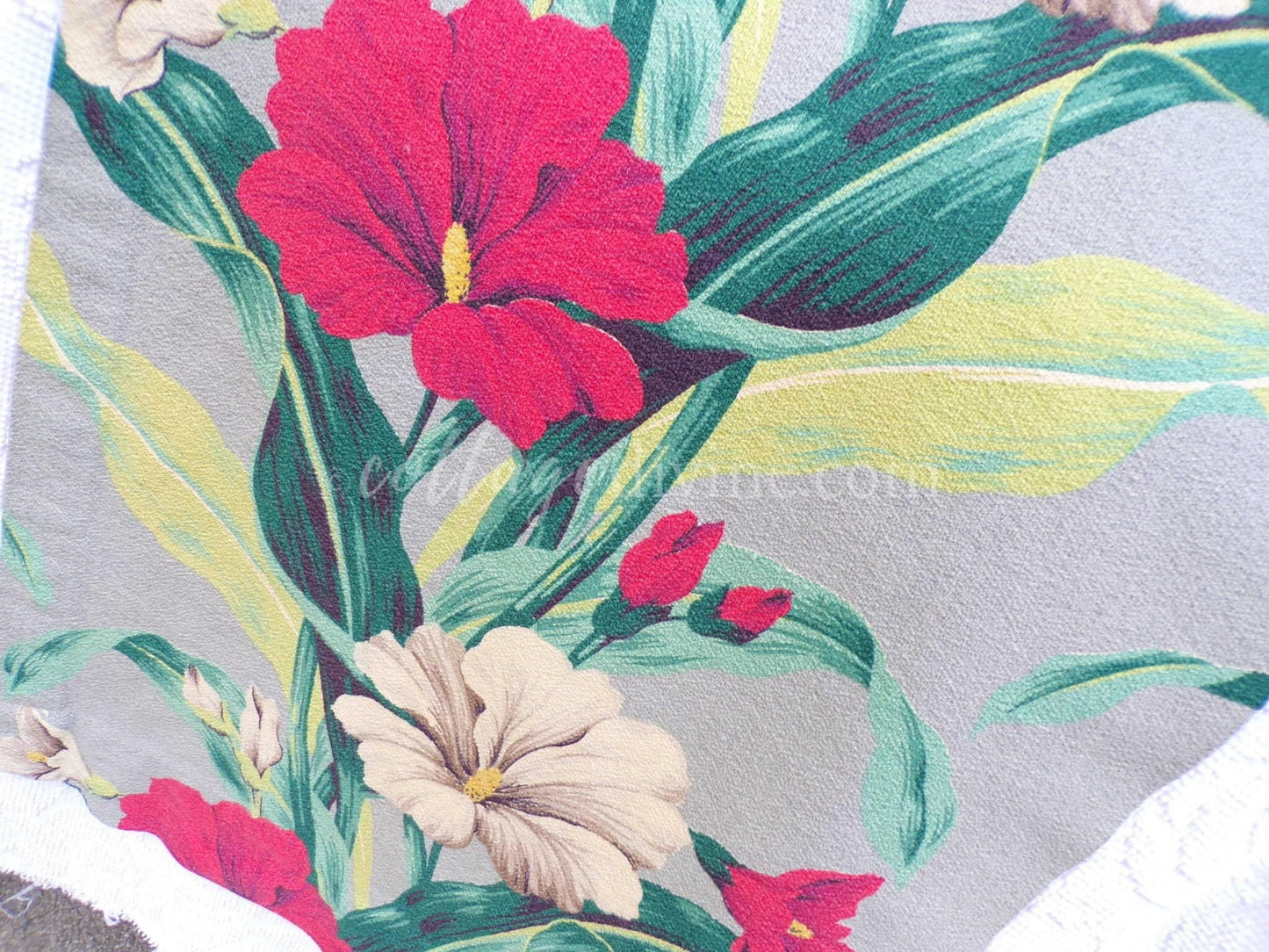 Tropical Vintage Barkcloth Fabric Piece, Salvaged MCM Exotic Botanical Island Hibiscus Print, 19" x 28" cut piece for fiber arts, sewing