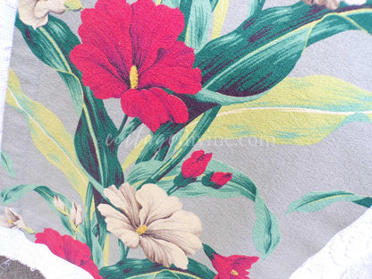 Tropical Vintage Barkcloth Fabric Piece, Salvaged MCM Exotic Botanical Island Hibiscus Print, 19" x 28" cut piece for fiber arts, sewing