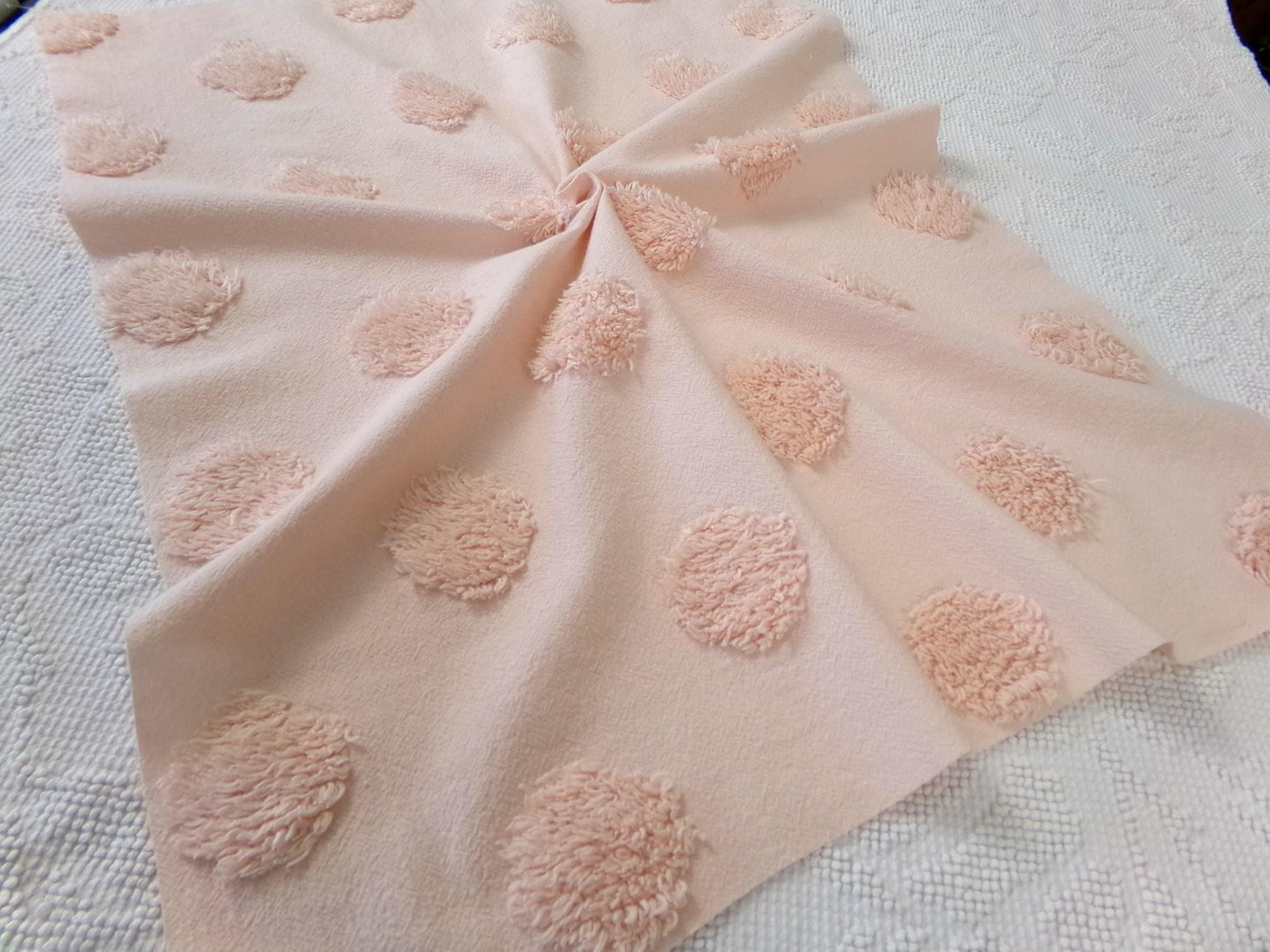 blush pink vintage style chenille fabric, large dot quilt sewing material, 18" x 24" piece