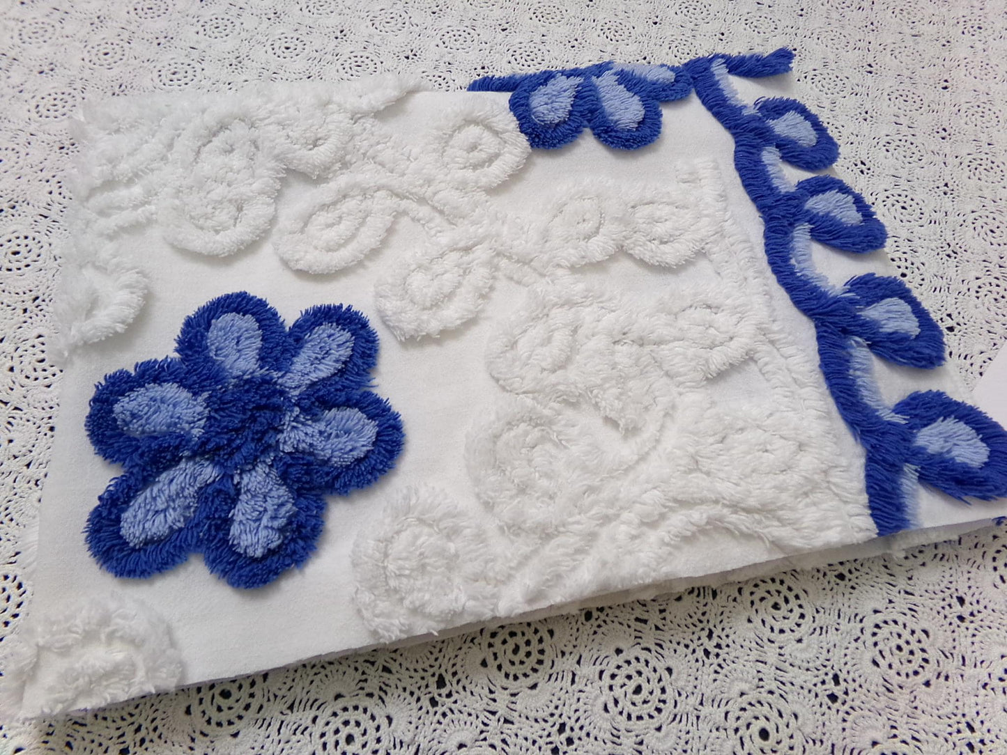 Vintage Chenille Bedspread Fabric, Plush Blue Flowers White Curlicues, 20x26" Piece