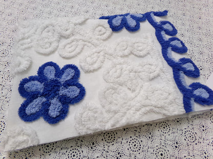 Vintage Chenille Bedspread Fabric, Plush Blue Flowers White Curlicues, 20x26" Piece