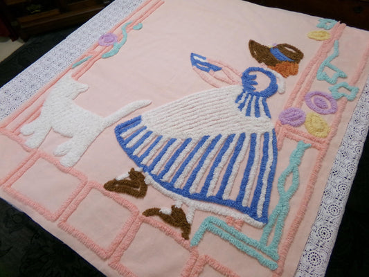 Vintage Chenille Fabric Panel Southern Belle Cat Novelty Figural Cottagecore 33x27 Piece