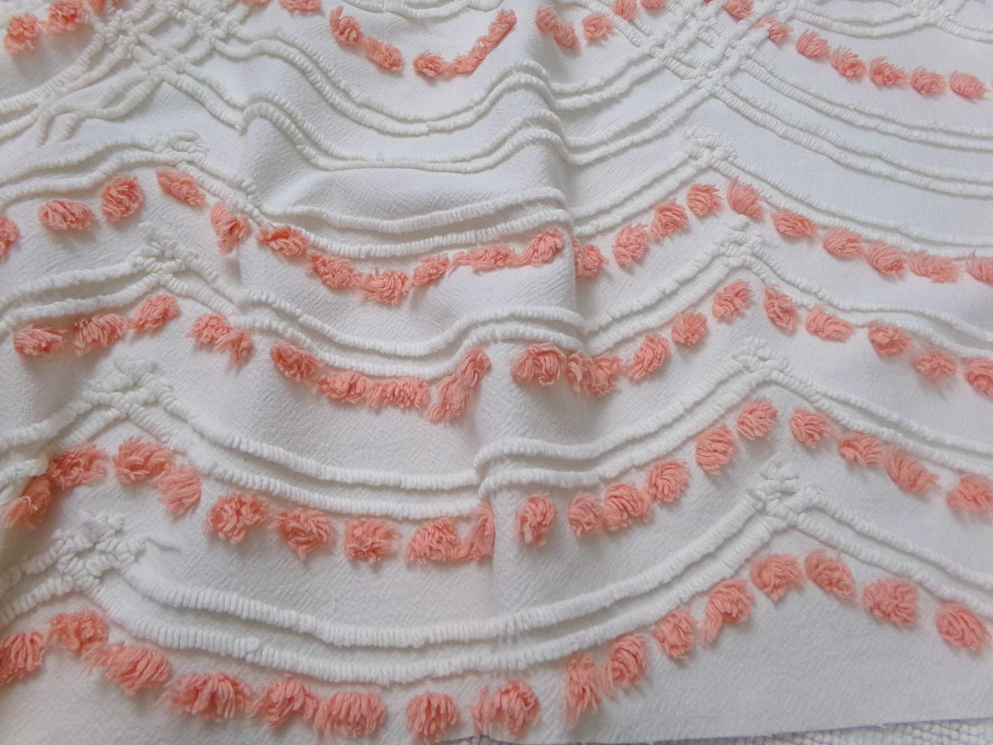 Peach Dot Swags Vintage Chenille Bedspread Fabric, White Cotton Sewing Material, 15" x 30"